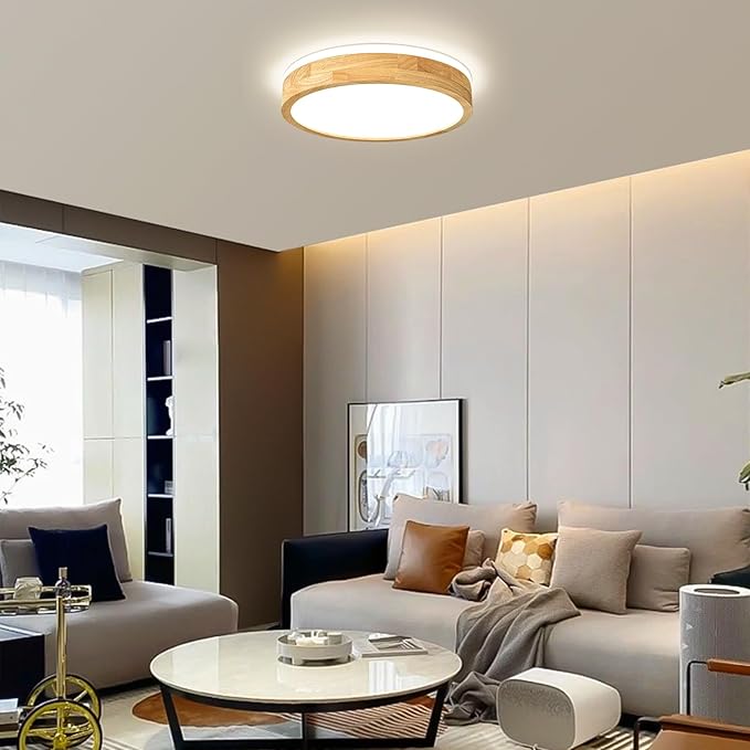Modern Dimmable Wood Flush Mount Ceiling Light, 2700K-6000K 5CCT Round Close to - Image 5