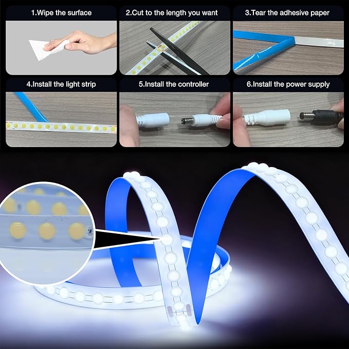 phopollo White COB LED Strip Lights, 20ft Dimmable 6500k Daylight White Led - Image 5