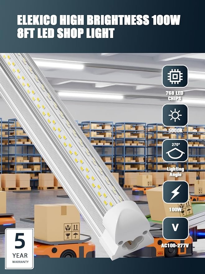 6 Pack 100w 8ft Led Shop Light, Super Bright 15000lm 5000k V Shape 8' Led Shop - Image 2
