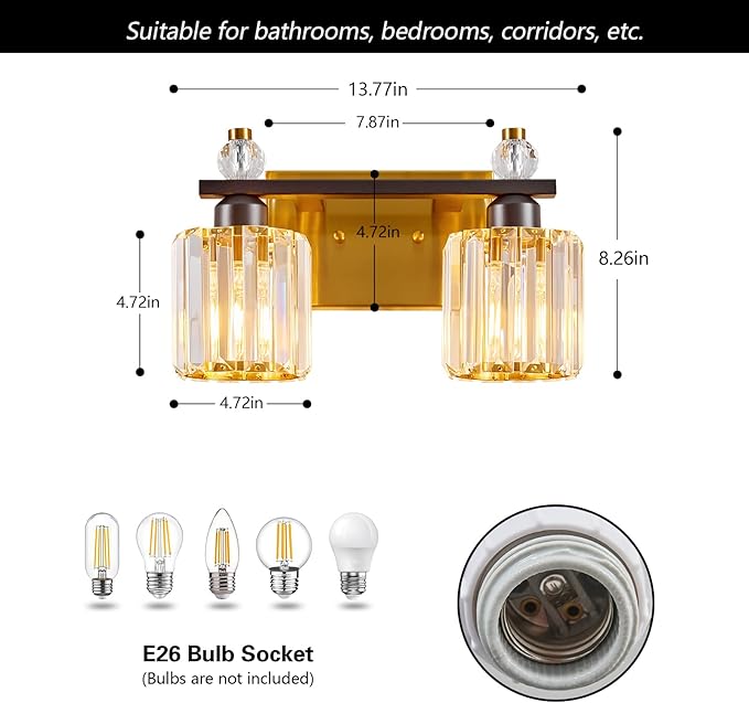Bathroom Vanity Lights 2-Light Black Gold Modern Crystal Vanity Light Fixtures - Image 5