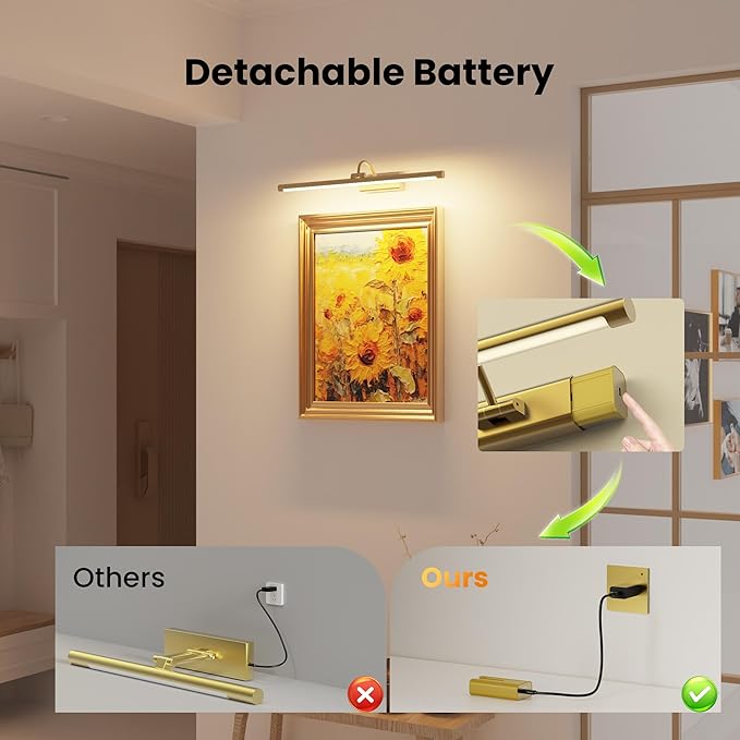 2 Pack 24" Brass Gallery Picture Lights - 8000mAh Rechargeable Battery Powered - Image 2