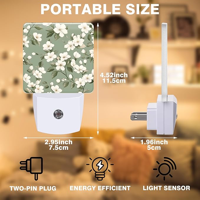 Night Light White and Green Flowers Night Lights Plug into Wall Smart Dusk to - Image 2