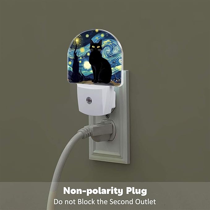 Starry Night Black Cat Night Light Plug into Wall, Impressionist Oil Painting - Image 4