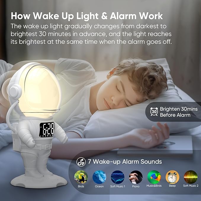 Astronaut Sunrise Alarm Clock for Kids, 22 Dimmable Nightlights, Dual Digital - Image 3
