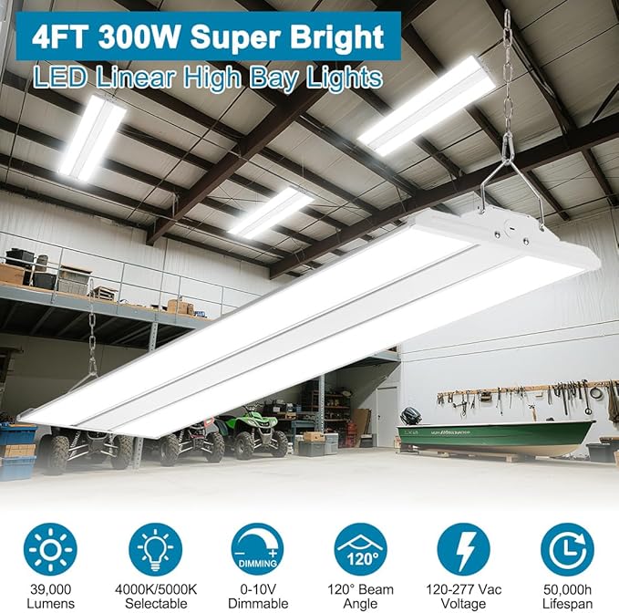 High Bay LED Shop Light 4FT 300W/240W/200W, 4000K/5000K Selectable 120-277V - Image 3