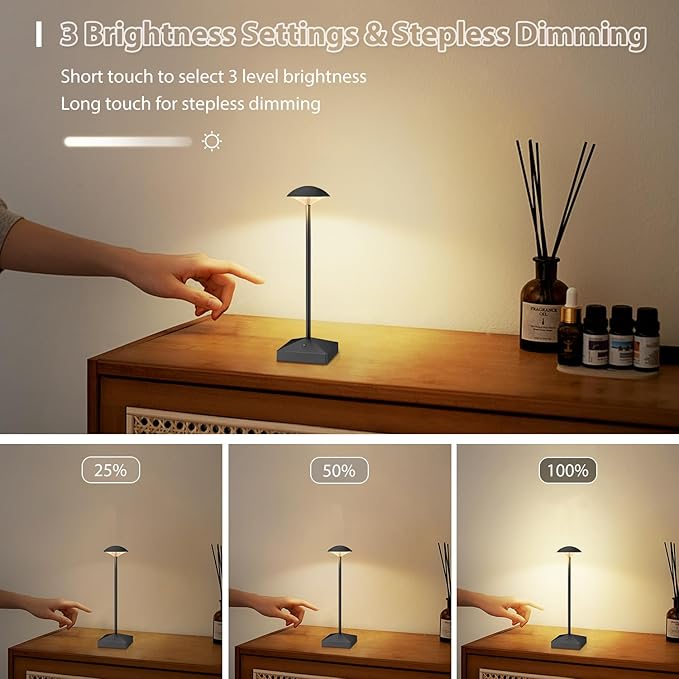 3 Pack 8.26in Black Small Cordless Table Lamps Rechargeable, Battery Operated - Image 6