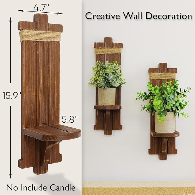 Homemory Wall Sconces Candle Holder Set of 2, Farmhouse Wooden Rustic Wall Decor - Image 6