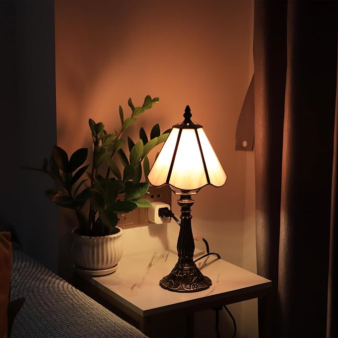 Small Tiffany Table Lamp Pink Stained Glass Desk Lamps 6X6X14 Inch Bronze Resin - Image 7