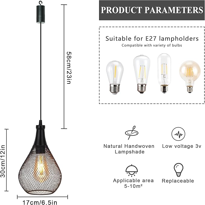 JHY DESIGN Hanging Lamp Set of 2 Battery Operated Cordless Lamps Metal Cage - Image 5
