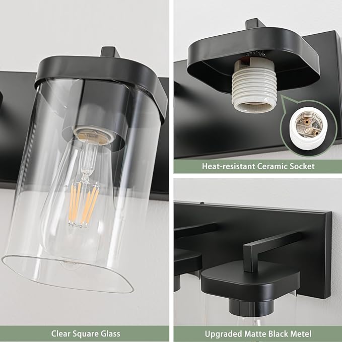 4-Light Bathroom Lighting Fixtures over Mirror, Matte Black Vanity Lights - Image 2