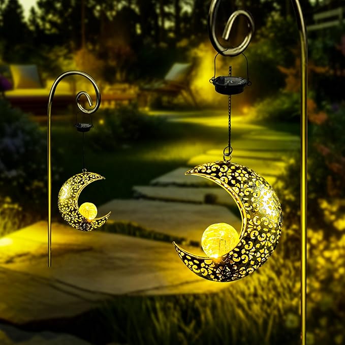 Solar Garden Hanging Moon Lights Outdoor Decor, 2 Pack Metal Lanterns Art - Image 8