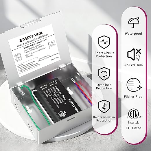 EMITEVER 60W 12V Dimmable LED Driver, Electronic Transformer, 120V AC to 12V DC - Image 3