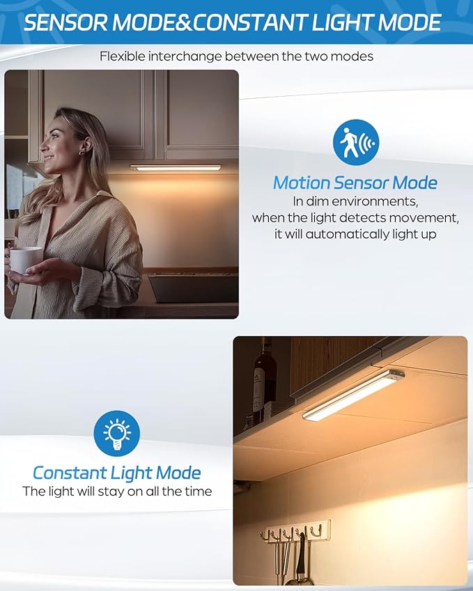 HIBOITEC Motion Sensor Cabinet Light 2500mAh 2 Packs Rechargeable 54LED Under - Image 6