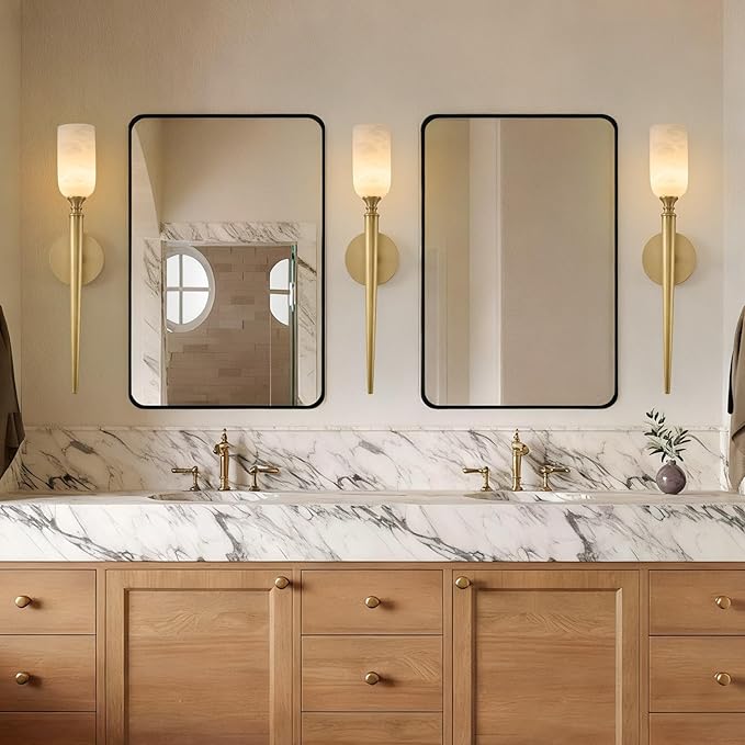 Vintage Alabaster Brass Wall Sconce: Set of 2 Antique Spanish Natural Marble - Image 4