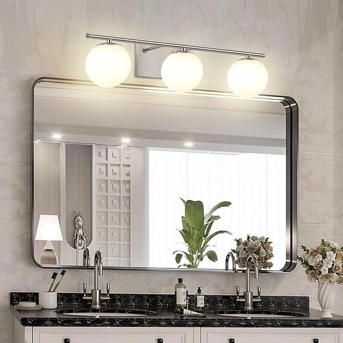 New Bathroom Vanity Light Fixtures 3 Lights Brushed Nickel Glass Shade Modern - Image 2