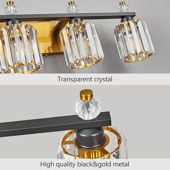 Bathroom Vanity Lights 3-Light Sand Black Gold Modern Crystal Vanity Light - Image 4