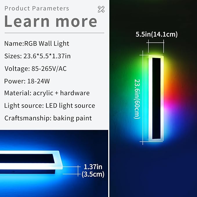 Widened 2 Pack RGB Outdoor Wall Lights, 23.6inch Long Dimmable Modern LED Wall - Image 2