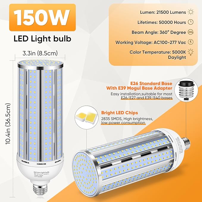 4 Pack 150W Corn LED Light Bulb, Fanless 5000K Daylight E26/E39 Large Mogul - Image 3