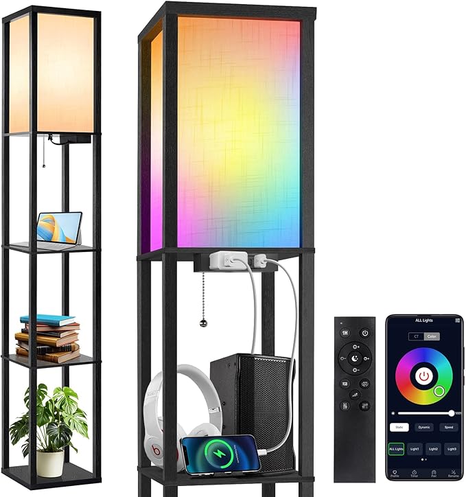 OUTON Floor Lamp with Shelves, LED Dimmable Floor Lamp with Remote & App Control by OUTON