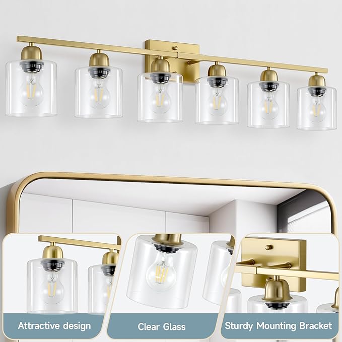 Modern Brushed Gold 6 Light Bathroom Light Fixtures, 38 inch Vanity Lights - Image 3