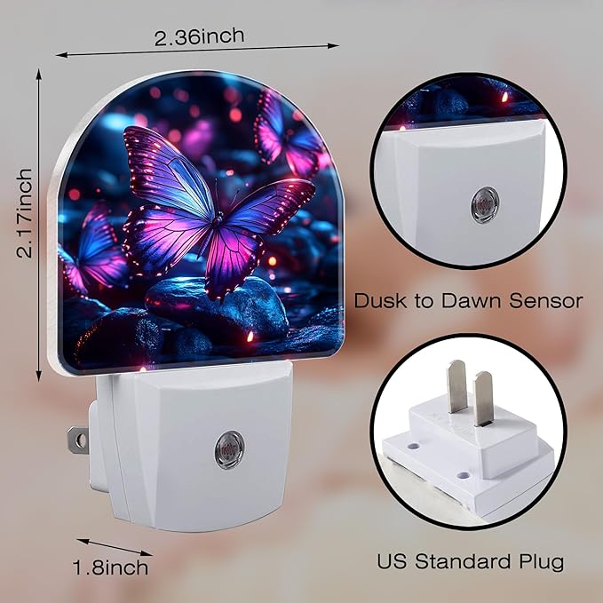 Glowing Purple Butterfly Night Light, Dusk-to-Dawn Auto Sensor Plug in Night - Image 2