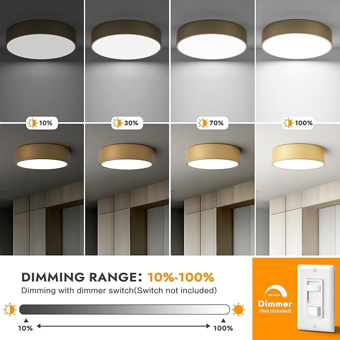 Dimmable Modern Flush Mount Ceiling Light Fixture, Painted Gold Round LED - Image 3
