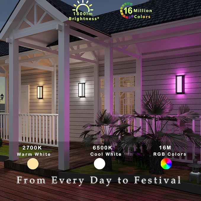 Smart Outdoor Lights Color Changing 2 Pack, RGB+2700K-6500K Outdoor Wall Sconce - Image 2