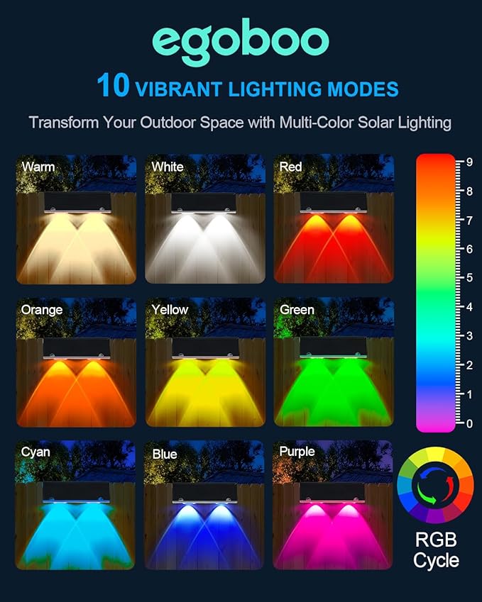EGOBOO Solar Fence Lights Outdoor, 12 Pack 10 Modes Warm White & RGB Color - Image 5