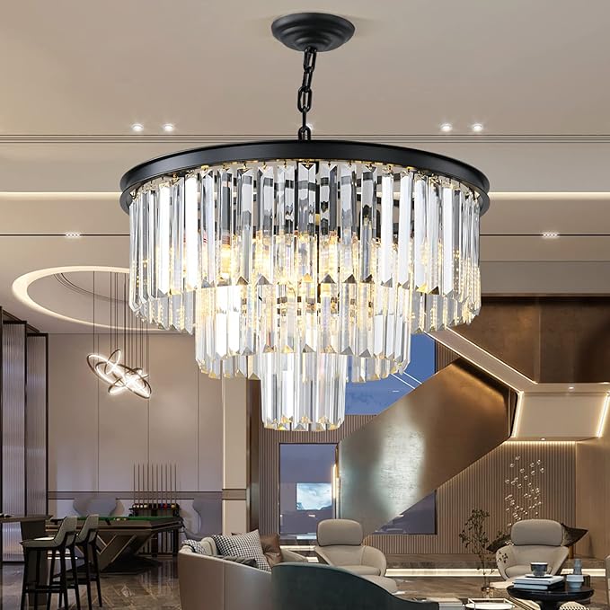Black Modern Crystal Chandelier, 3-Tier Round Flush Mount Ceiling Light - Image 6