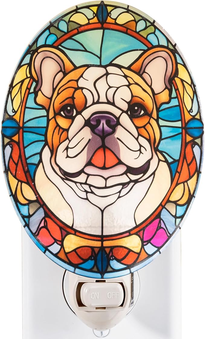 Stained Glass Styled English Bulldog Night Light – Real Glass Plug-in Dog Night by Unknown