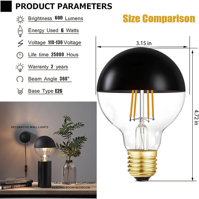 Half Chrome Light Bulb, 6W Dimmable LED Edison Bulbs, G80/G25 Globe Shape - Image 7