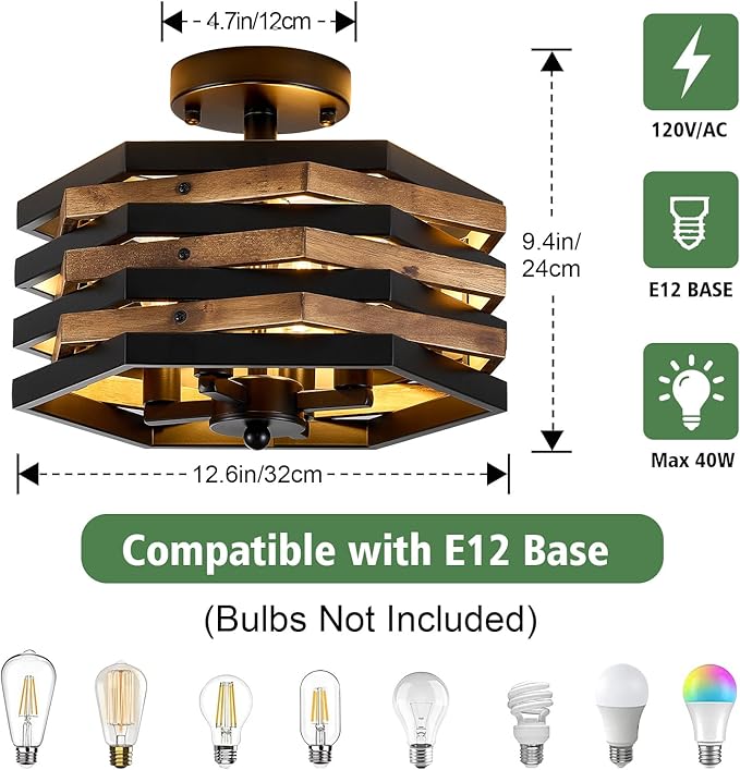 Farmhouse Rustic Wood Flush Mount Ceiling Light Fixtures, 4-Light Close to - Image 5