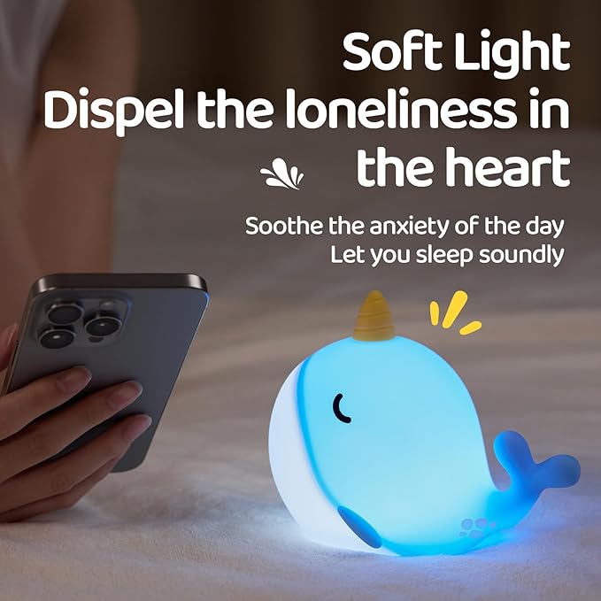 Cute Whale Night Light, Soft Narwhal Silicone LED Night Lamp, Rechargeable - Image 2