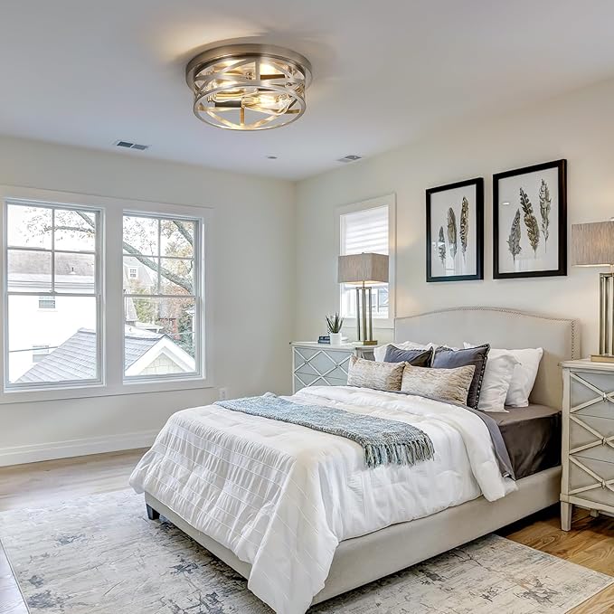 Close to Ceiling Light Fixtures, 2-Light Brushed Nickle Flush Mount Ceiling - Image 4