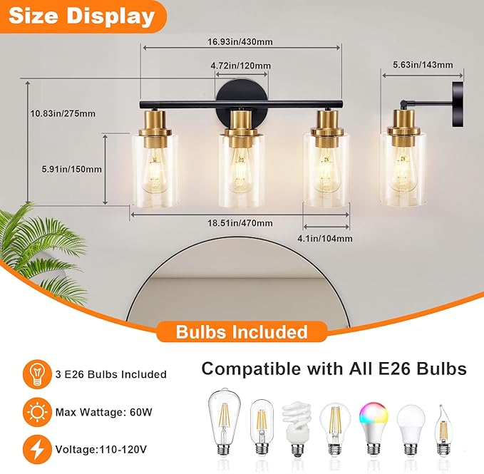DLLT 3-Light Bathroom Light Fixtures: Black and Gold Modern Vanity Lights - Image 7