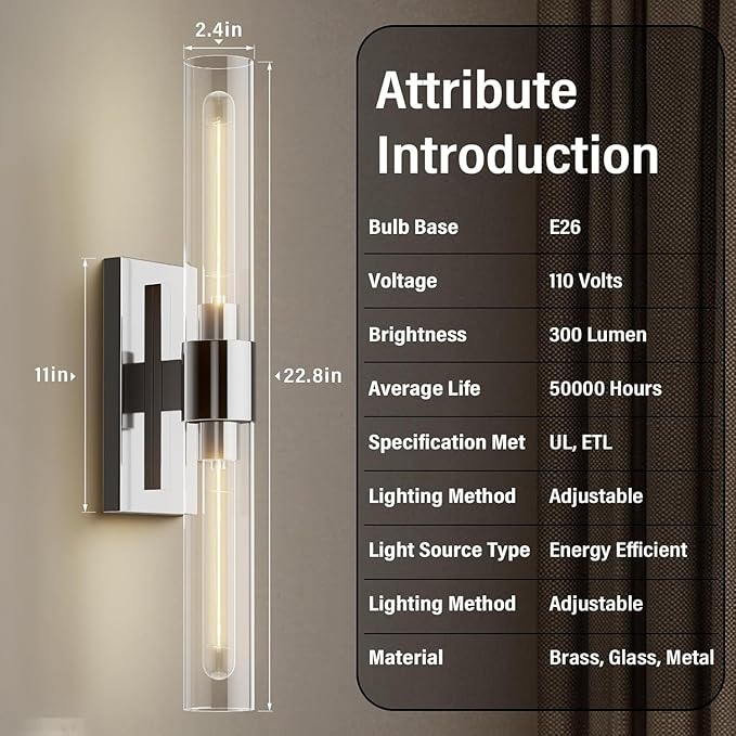 22.8" Sconces Wall Lighting, Bathroom Nickel Vanity Lights Fixtures - Image 2