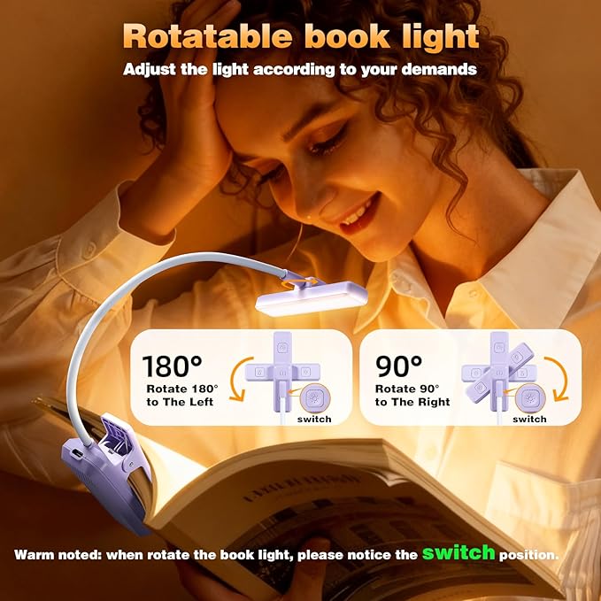 VAVOFO Rechargeable Book Light Rotatable：24 LEDs Reading Light, 3-Color & - Image 5