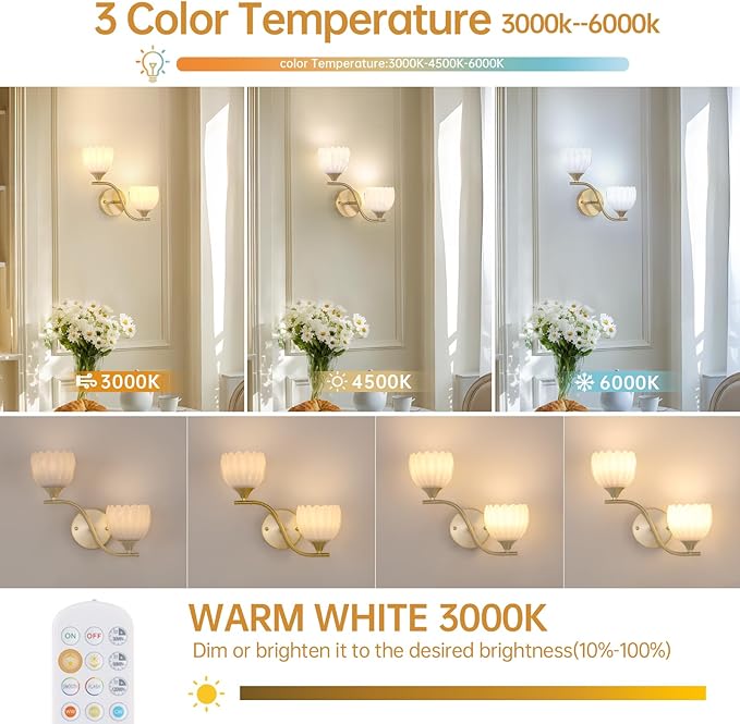 Battery Operated Wall Sconce, 2-Lights Vinatge Brass Wall Lighting - Image 3