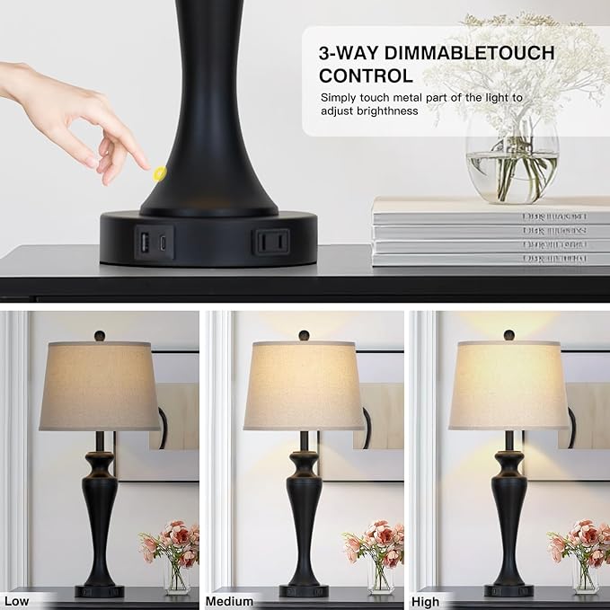 30" Black Table Lamps Set of 2, Touch Control Tall Living Room Lamp - Image 2