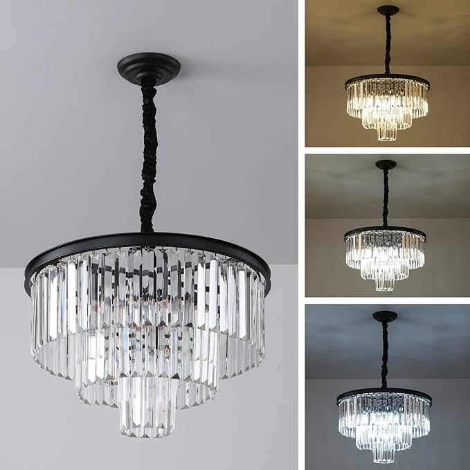 Black Modern Crystal Chandelier, 3-Tier Round Flush Mount Ceiling Light - Image 3