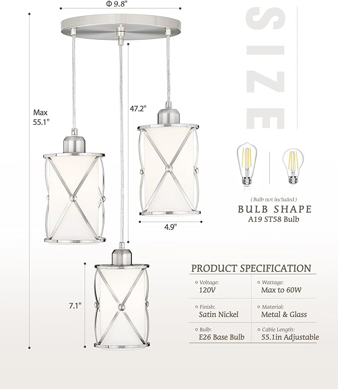 Brushed Nickel Dining Room Chandelier Light Fixture, 3-Light Pendant Lighting - Image 3