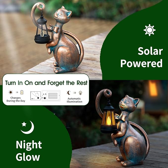 WHIMSYNOOK 10.7" Bronze Cat Solar Garden Statue Light – Cute Kitty Design - Image 6