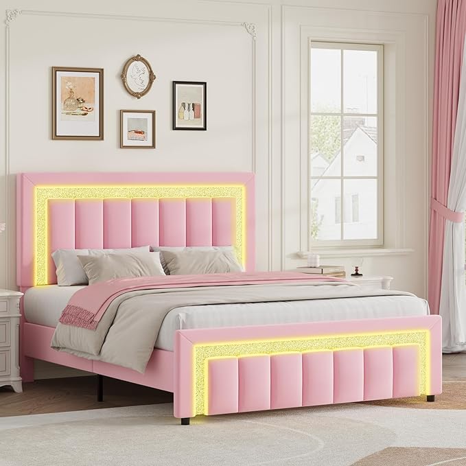 HOMBCK Queen Bed Frame with Velvet Upholstered Headboard and LED Lights - Image 8