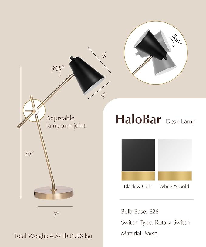 HarvestLand HaloBar Brass Desk Lamp Home Office – Black Industrial Table Lamp - Image 8