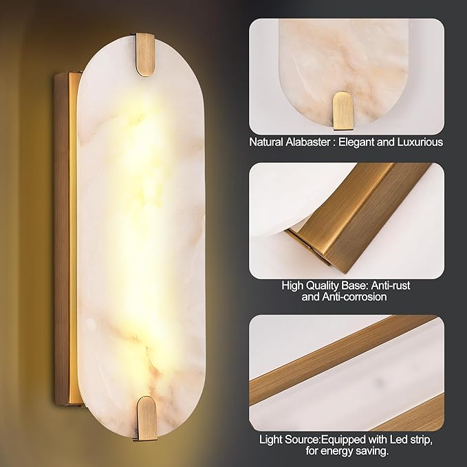 14.17in Alabaster Wall Sconces, Natural Marble Wall Light Set of Two, Modern - Image 7