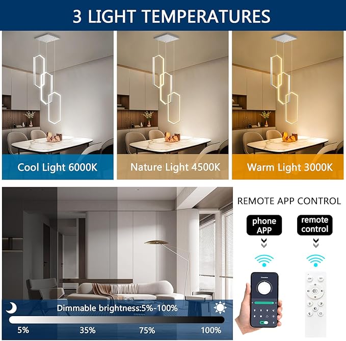 3-Rings Dimmable Pendant Lighting Adjust LED Mini Chandelier Ceiling Light - Image 3