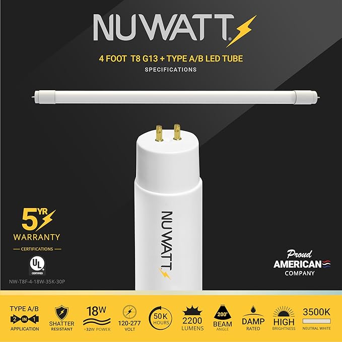 NuWatt 30 Pack 4 FT LED T8 Tube Light, T10 T12 Hybrid Type A+B, 3500K Neutral - Image 2