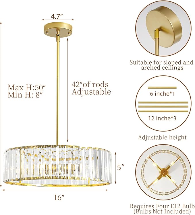 Modern Crystal Chandelier for Dining Room, 16 Inch Gold Semi Flush Mount - Image 4