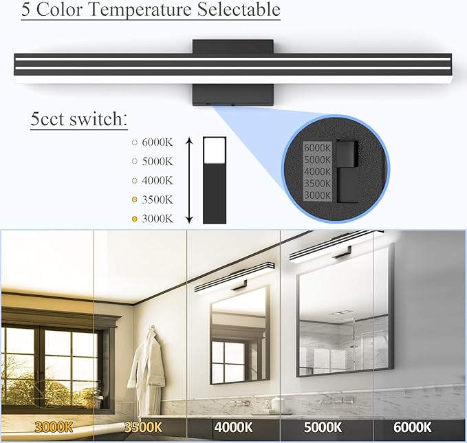 Ralbay Modern Black Bathroom Light Fixtures 5 Color Temperature Dimmable - Image 2