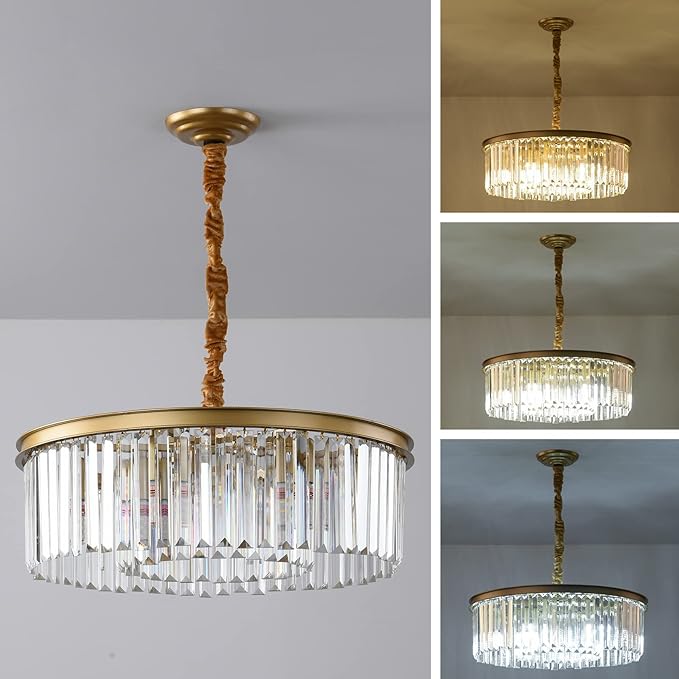 Gold Modern Crystal Chandelier, 2-Tier Round Flush Mount Ceiling Light Fixtures - Image 3